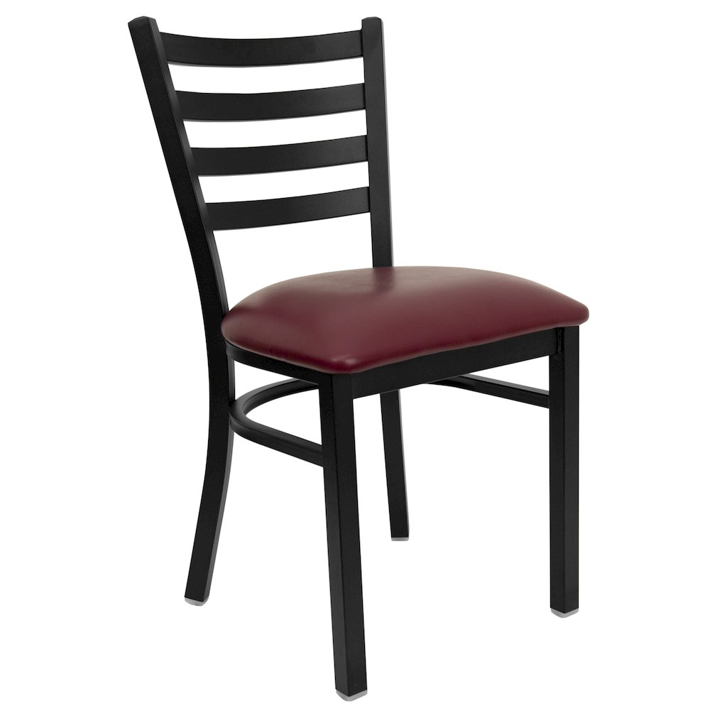 Black Ladder Back Metal Restaurant Chair - Burgundy Vinyl Seat. Picture 1