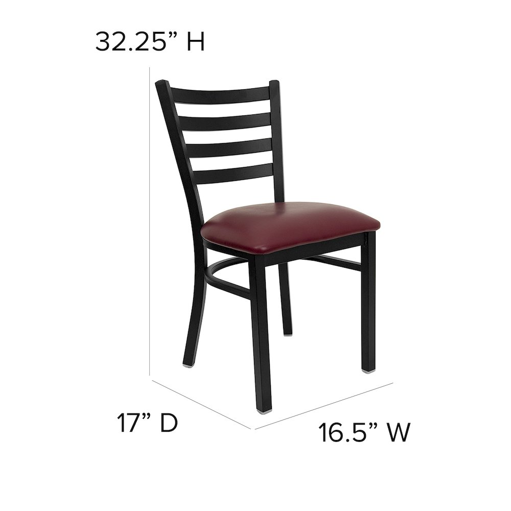 Black Ladder Back Metal Restaurant Chair - Burgundy Vinyl Seat. Picture 5