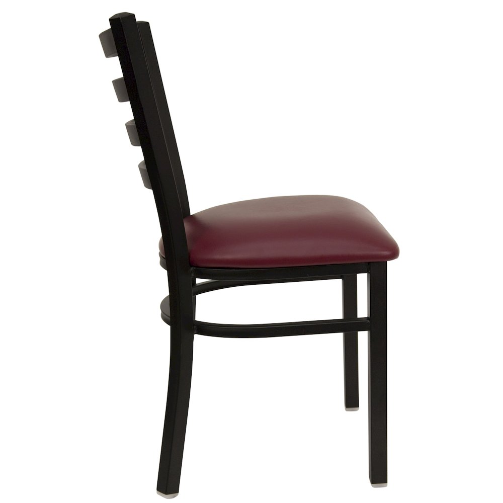 Black Ladder Back Metal Restaurant Chair - Burgundy Vinyl Seat. Picture 8