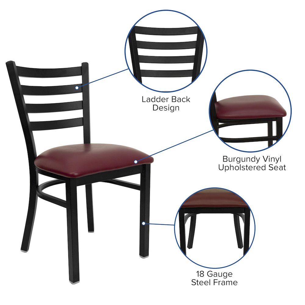 Black Ladder Back Metal Restaurant Chair - Burgundy Vinyl Seat. Picture 4