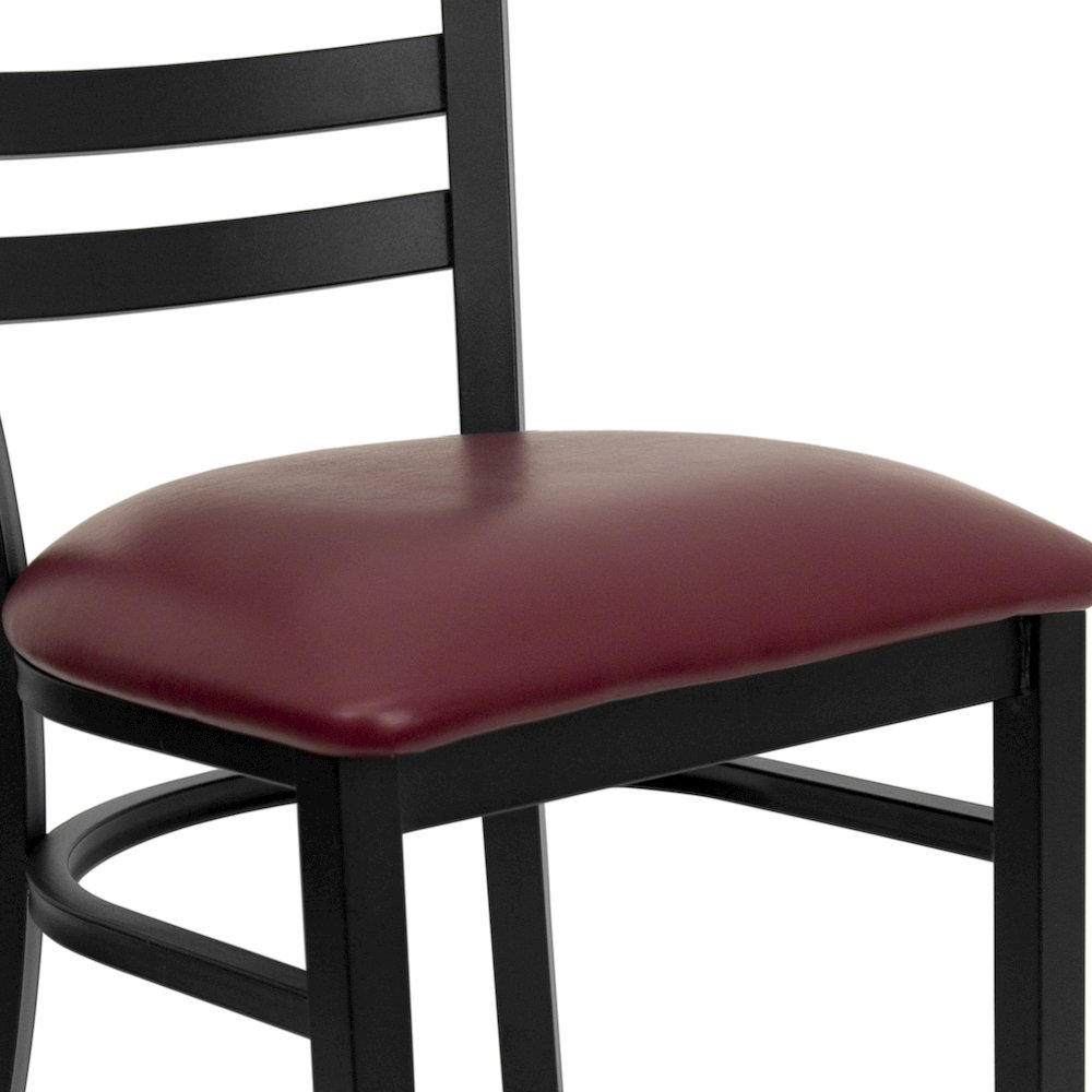 Black Ladder Back Metal Restaurant Chair - Burgundy Vinyl Seat. Picture 10