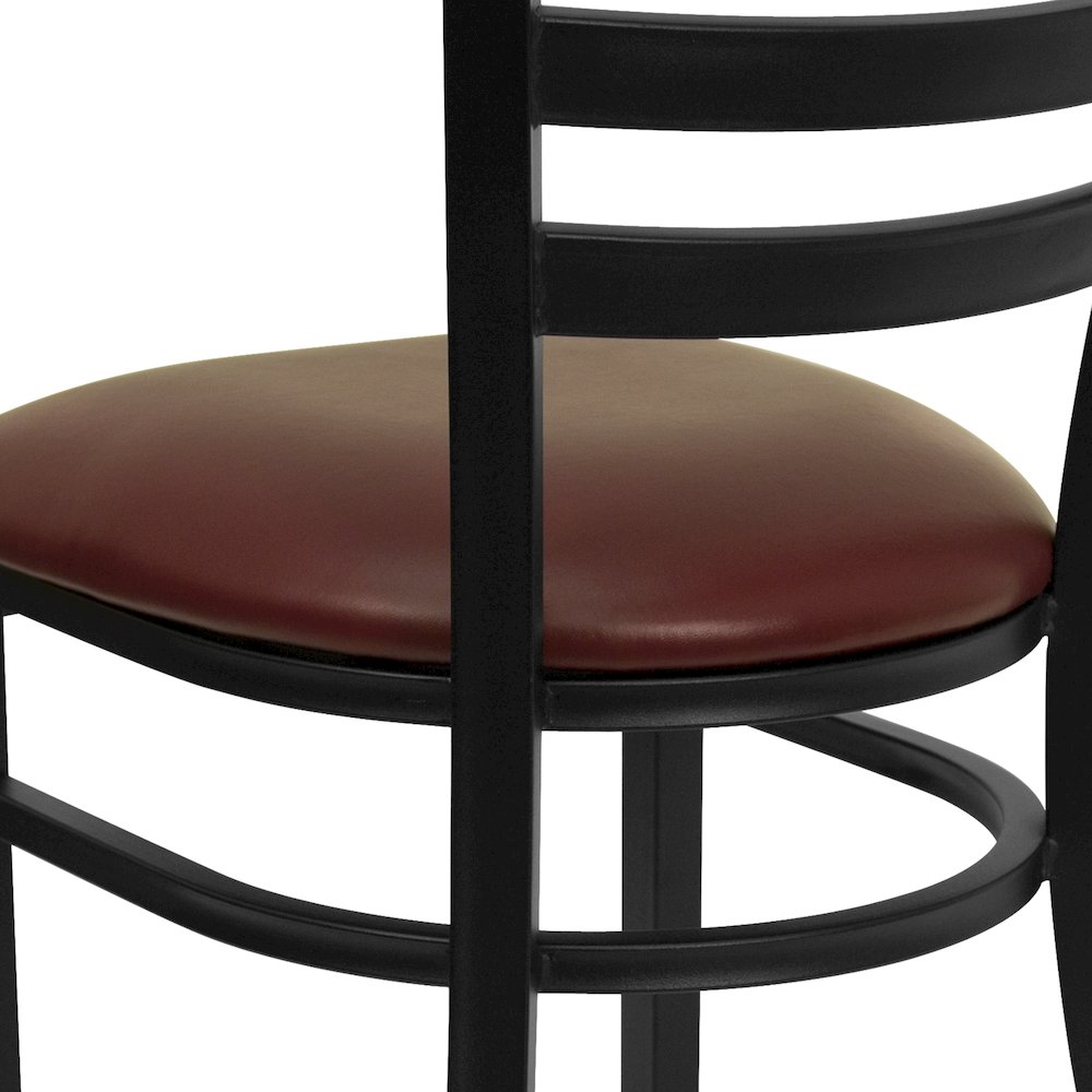 Black Ladder Back Metal Restaurant Chair - Burgundy Vinyl Seat. Picture 7