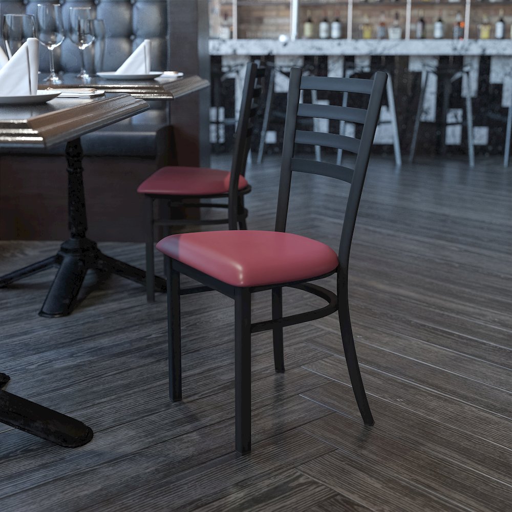 Black Ladder Back Metal Restaurant Chair - Burgundy Vinyl Seat. Picture 2
