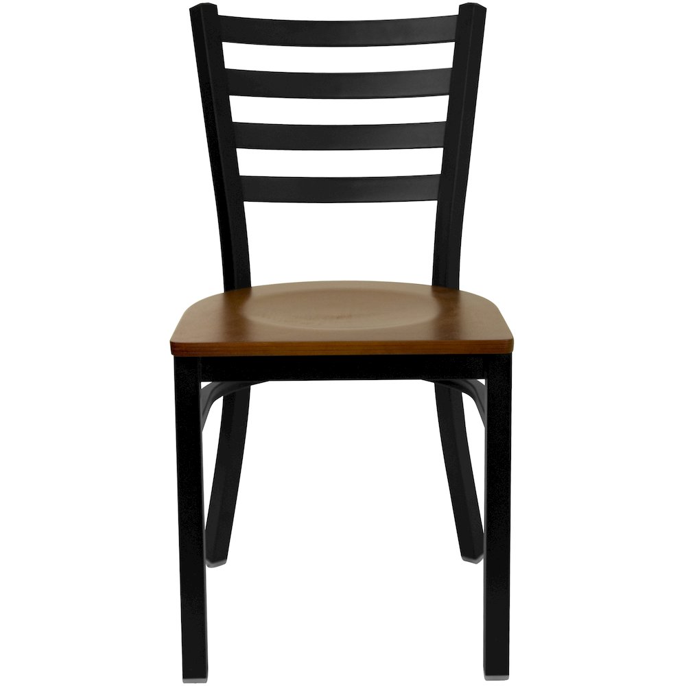 Black Ladder Back Metal Restaurant Chair - Cherry Wood Seat. Picture 4