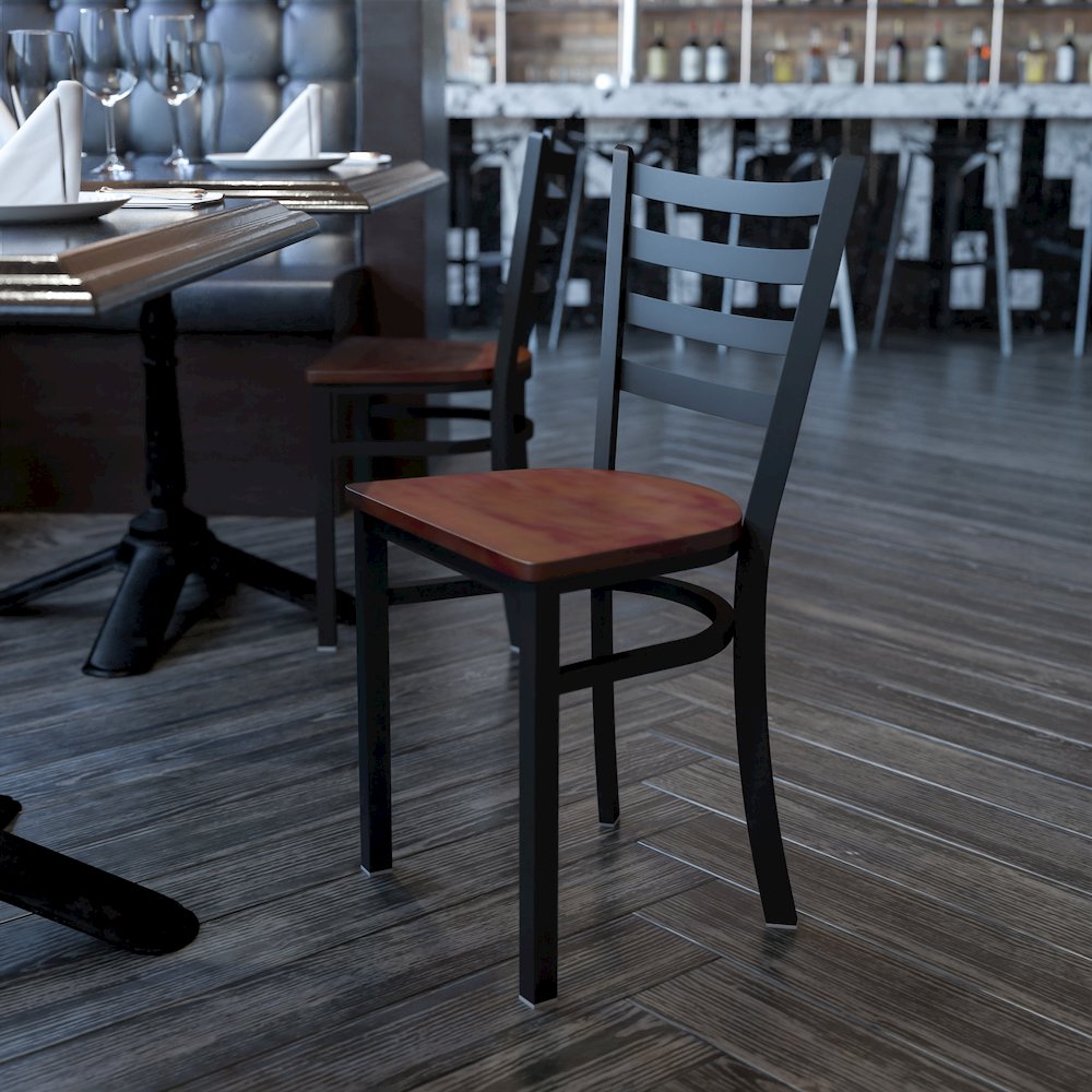 Black Ladder Back Metal Restaurant Chair - Cherry Wood Seat. Picture 5