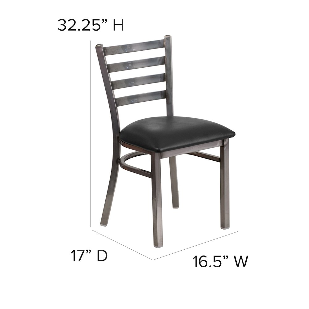 Clear Coated Ladder Back Metal Restaurant Chair - Black Vinyl Seat. Picture 6