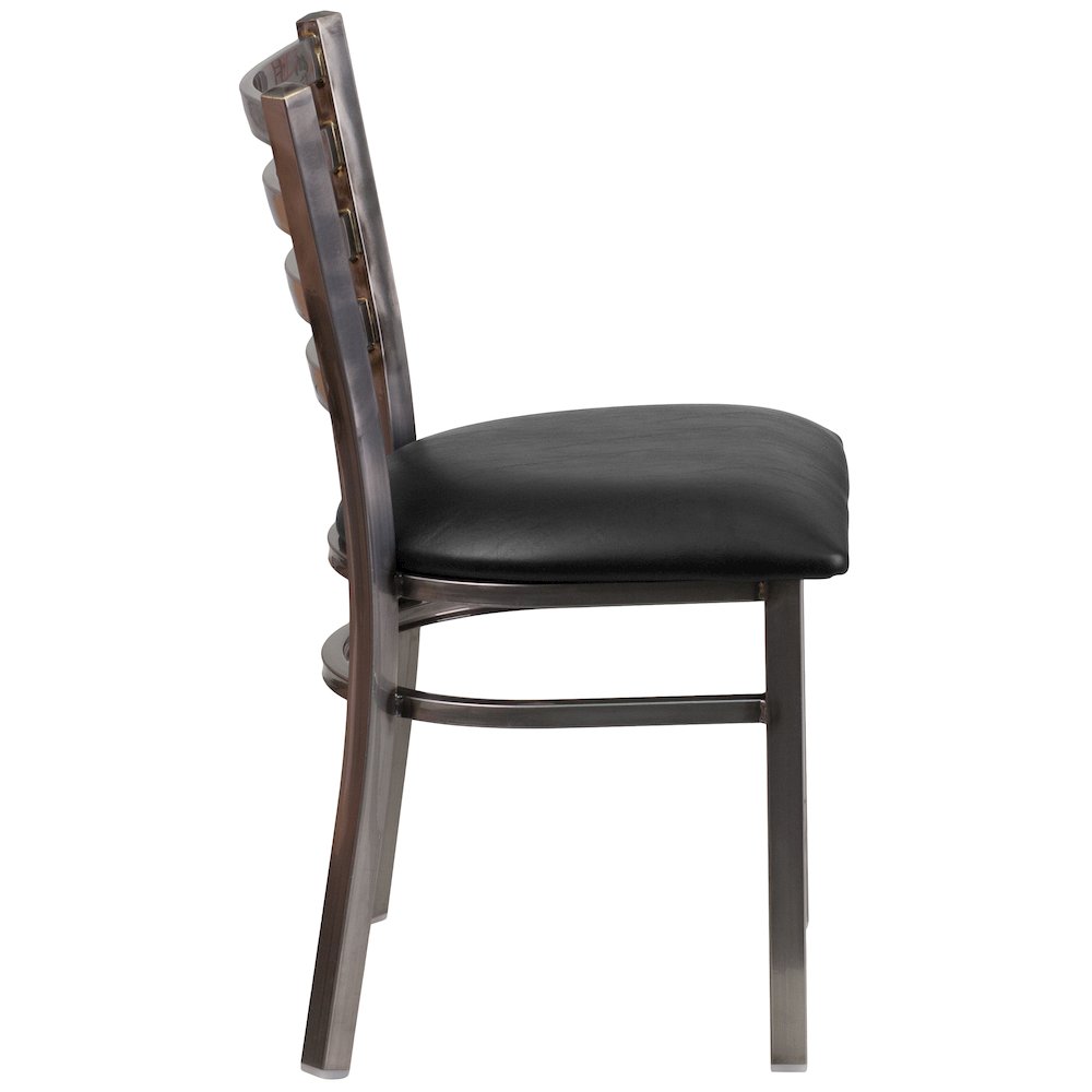 Clear Coated Ladder Back Metal Restaurant Chair - Black Vinyl Seat. Picture 2