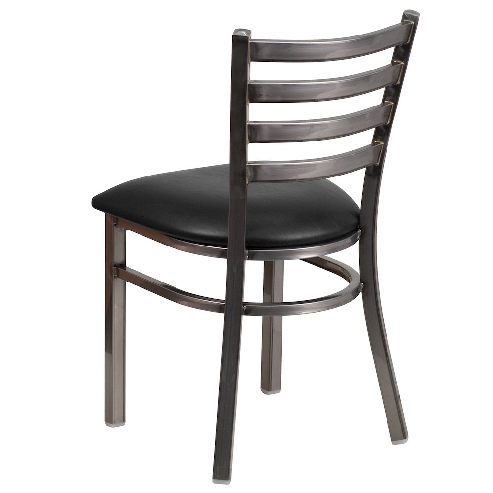 Clear Coated Ladder Back Metal Restaurant Chair - Black Vinyl Seat. Picture 3