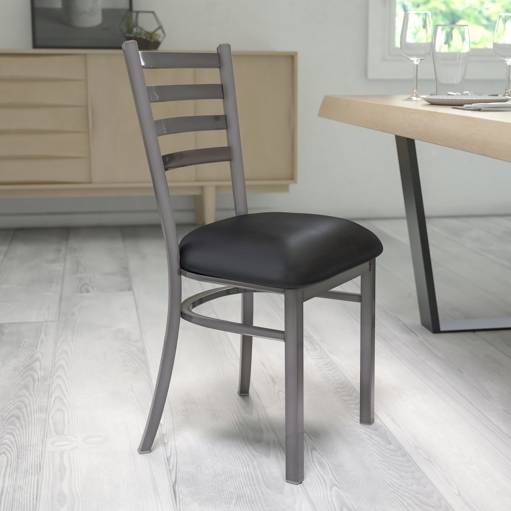 Clear Coated Ladder Back Metal Restaurant Chair - Black Vinyl Seat. Picture 8