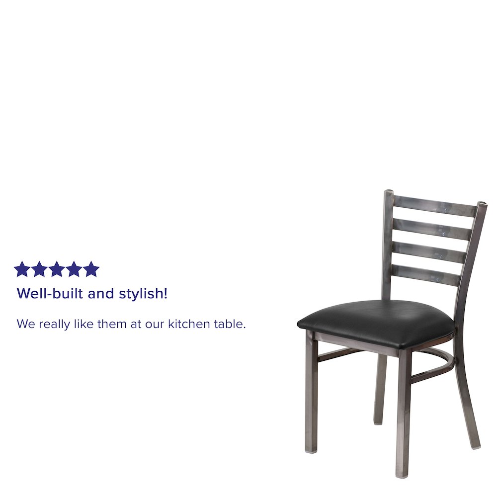 Clear Coated Ladder Back Metal Restaurant Chair - Black Vinyl Seat. Picture 9