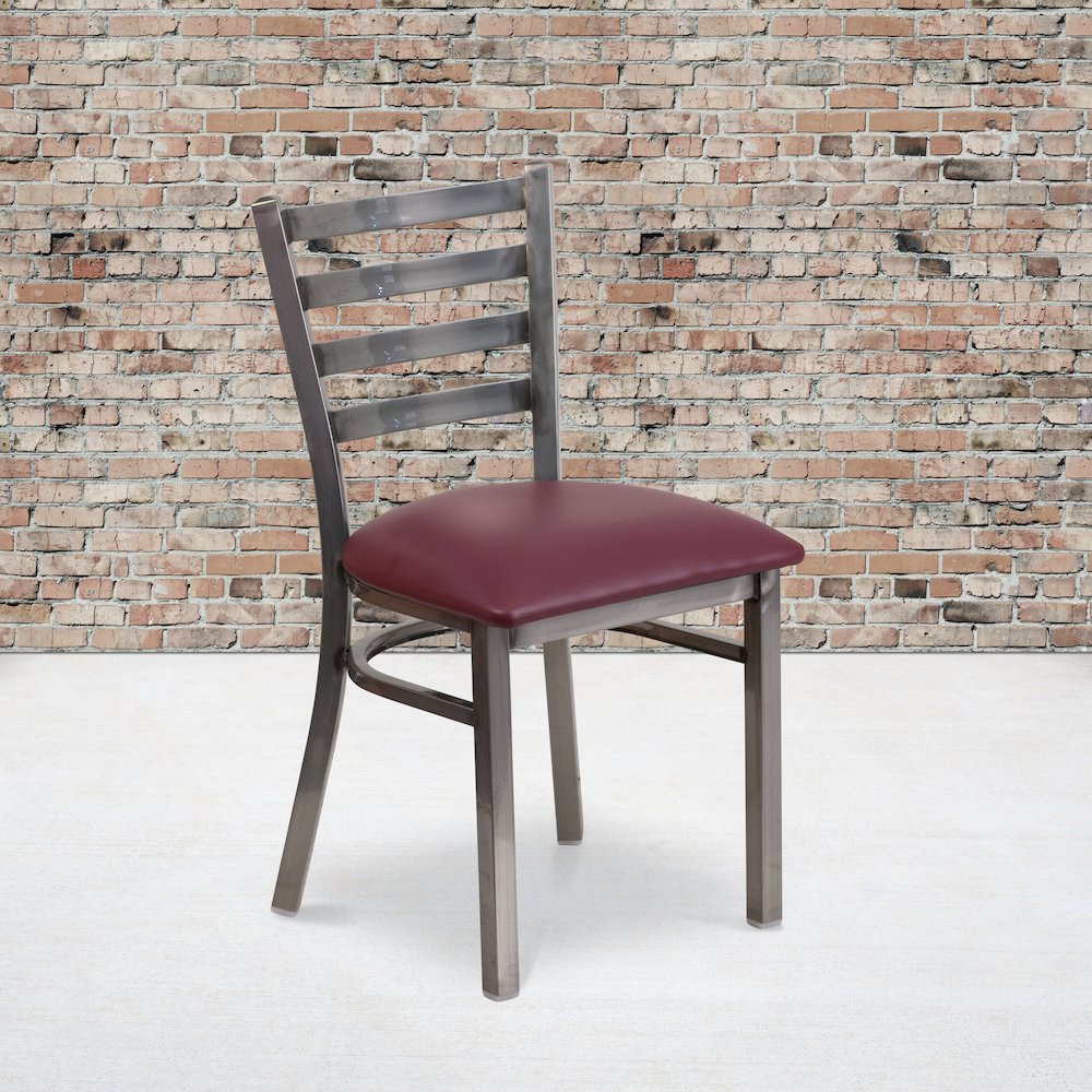 Clear Coated Ladder Back Metal Restaurant Chair - Burgundy Vinyl Seat. Picture 5