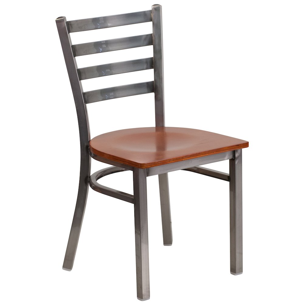 Clear Coated Ladder Back Metal Restaurant Chair - Cherry Wood Seat. Picture 1