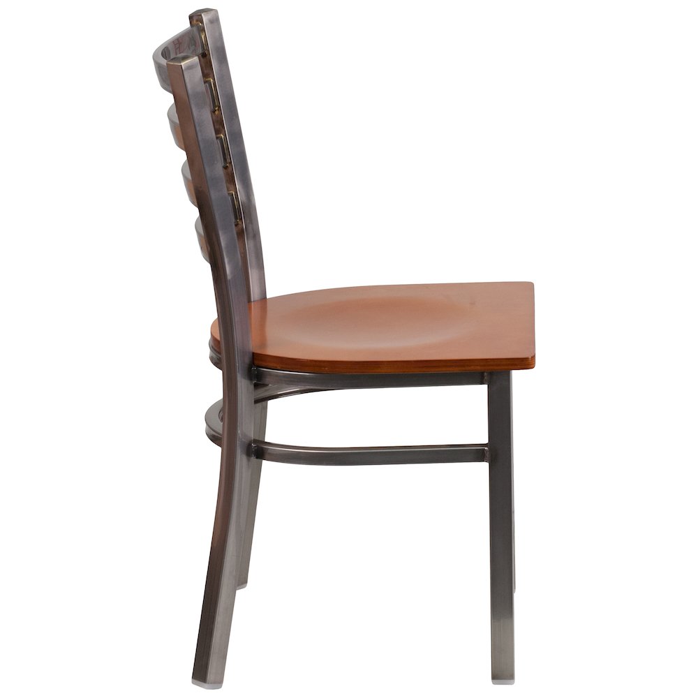 Clear Coated Ladder Back Metal Restaurant Chair - Cherry Wood Seat. Picture 2