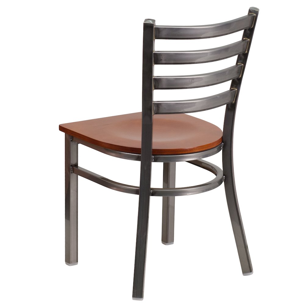 Clear Coated Ladder Back Metal Restaurant Chair - Cherry Wood Seat. Picture 3