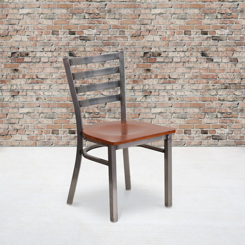 Clear Coated Ladder Back Metal Restaurant Chair - Cherry Wood Seat. Picture 5