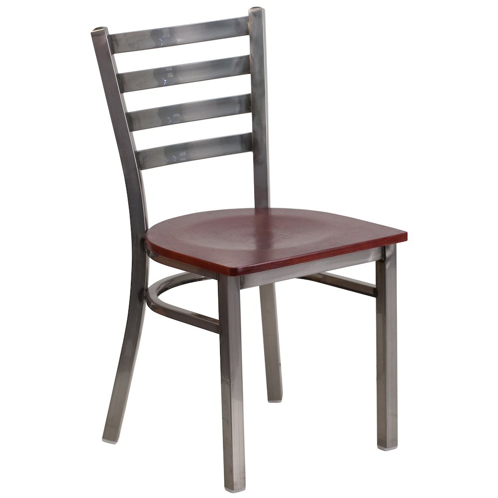 Clear Coated Ladder Back Metal Restaurant Chair - Mahogany Wood Seat. Picture 1