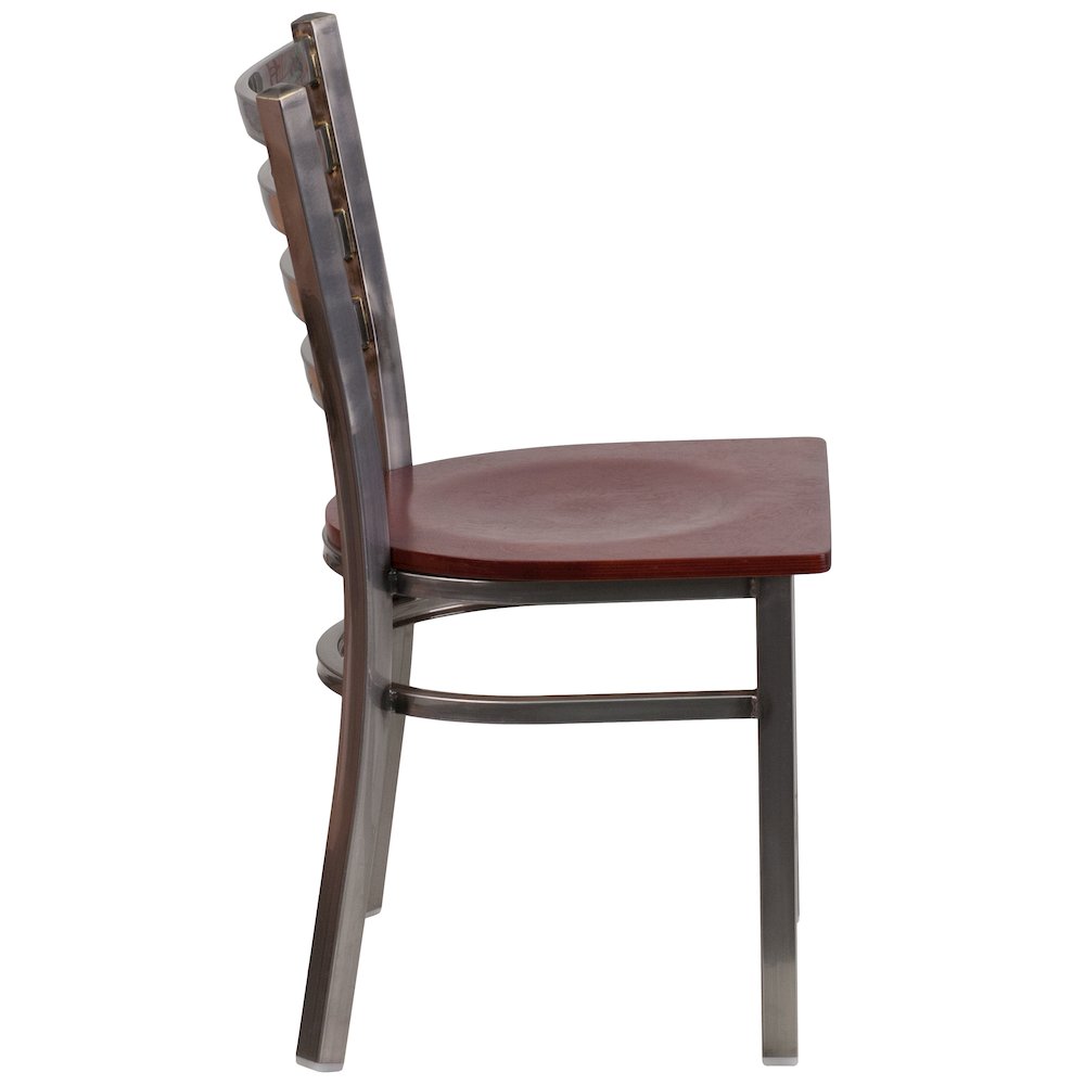 Clear Coated Ladder Back Metal Restaurant Chair - Mahogany Wood Seat. Picture 5