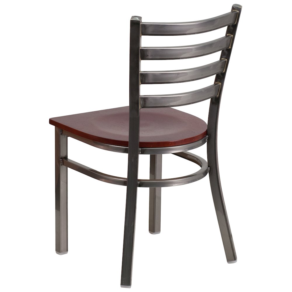 Clear Coated Ladder Back Metal Restaurant Chair - Mahogany Wood Seat. Picture 4