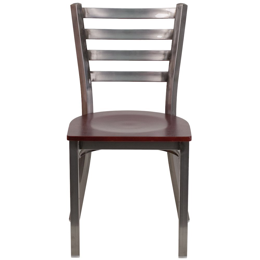 Clear Coated Ladder Back Metal Restaurant Chair - Mahogany Wood Seat. Picture 6