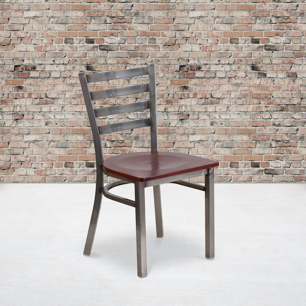 Clear Coated Ladder Back Metal Restaurant Chair - Mahogany Wood Seat. Picture 2
