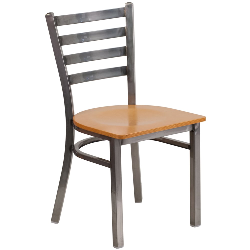 Clear Coated Ladder Back Metal Restaurant Chair - Natural Wood Seat. Picture 1