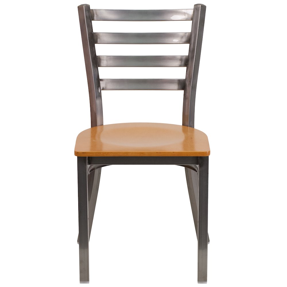 Clear Coated Ladder Back Metal Restaurant Chair - Natural Wood Seat. Picture 9