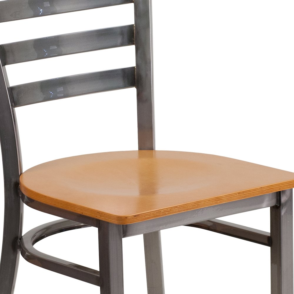 Clear Coated Ladder Back Metal Restaurant Chair - Natural Wood Seat. Picture 10