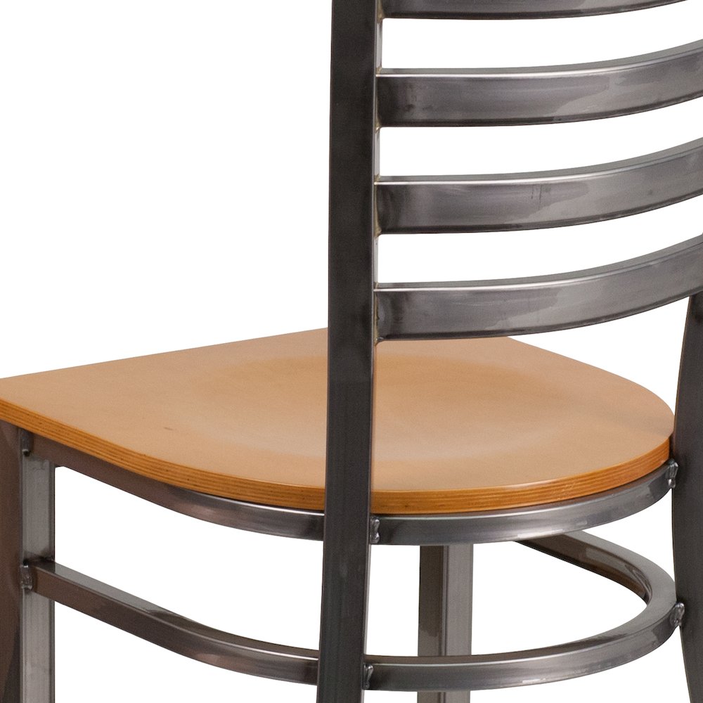 Clear Coated Ladder Back Metal Restaurant Chair - Natural Wood Seat. Picture 7