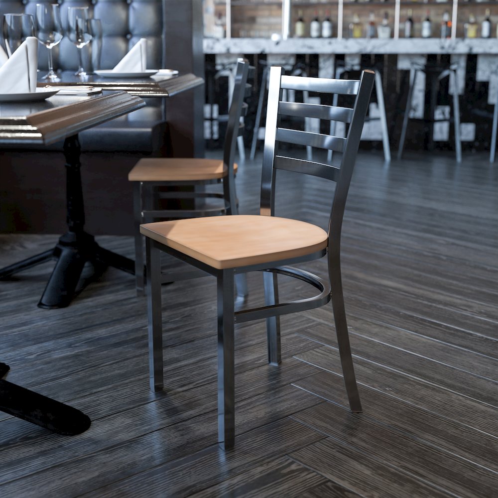 Clear Coated Ladder Back Metal Restaurant Chair - Natural Wood Seat. Picture 2