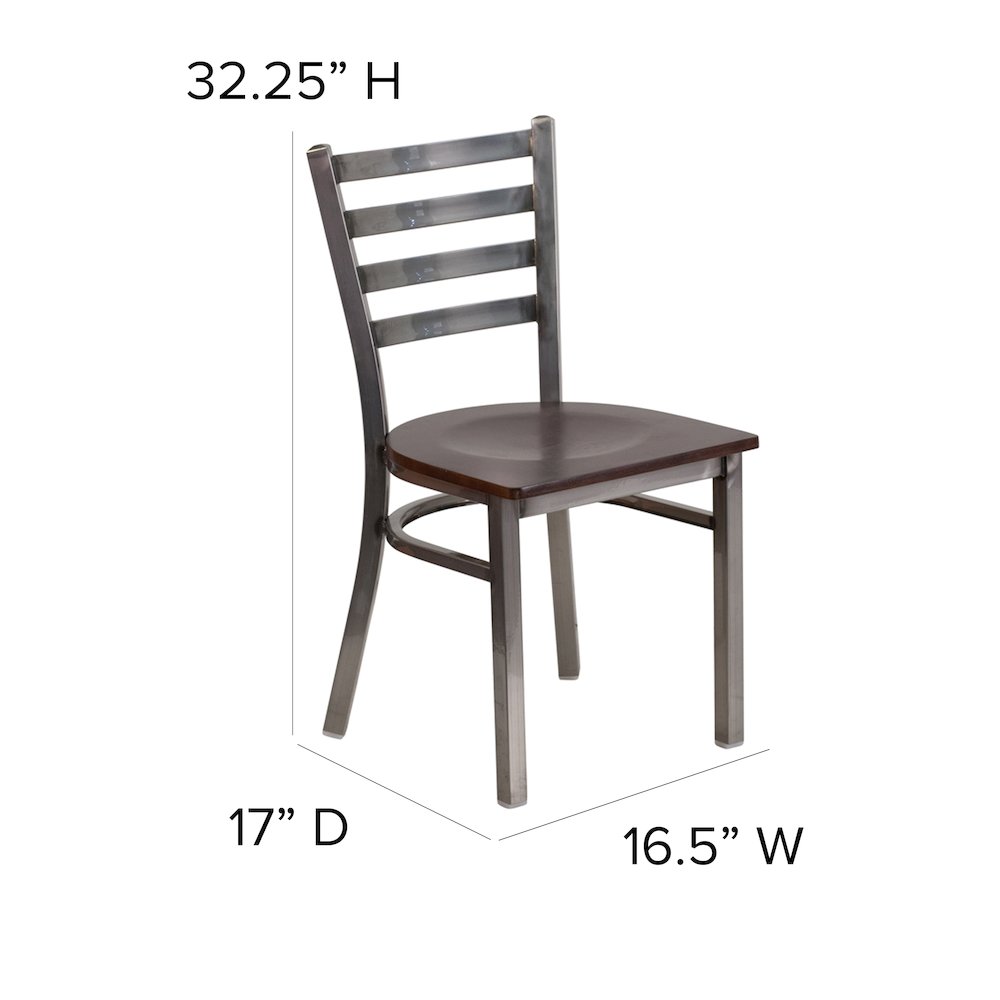 Clear Coated Ladder Back Metal Restaurant Chair - Walnut Wood Seat. Picture 5