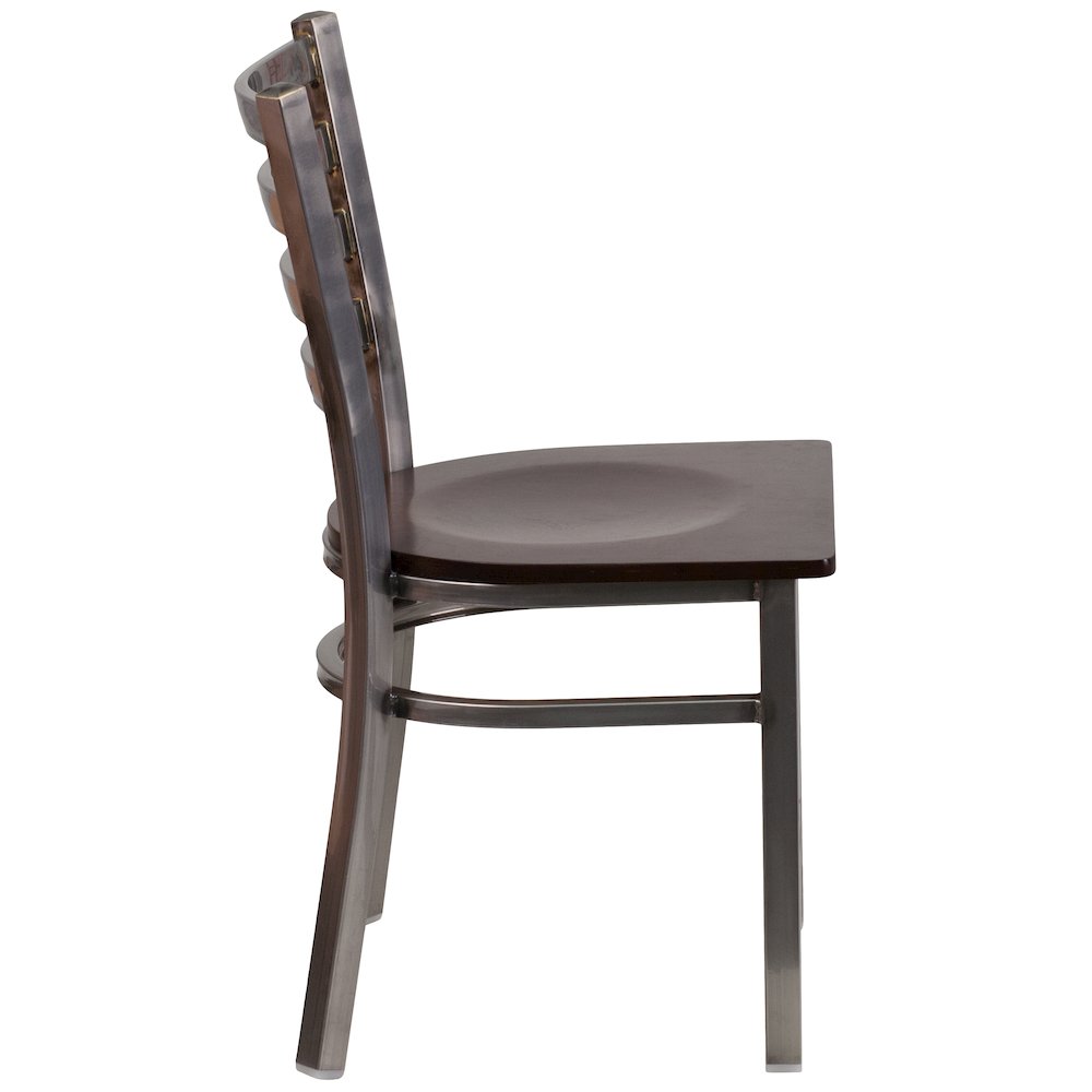 Clear Coated Ladder Back Metal Restaurant Chair - Walnut Wood Seat. Picture 2