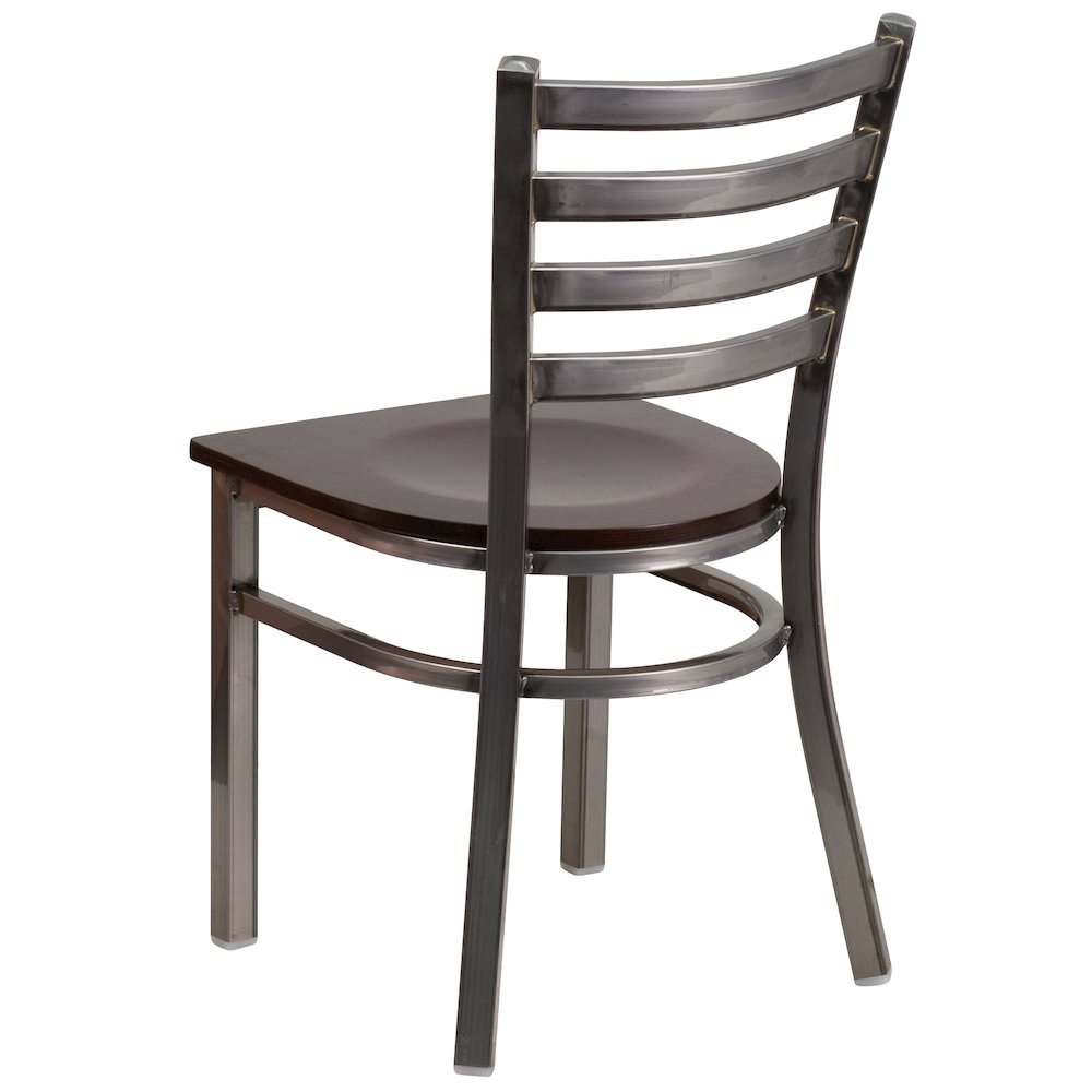 Clear Coated Ladder Back Metal Restaurant Chair - Walnut Wood Seat. Picture 3