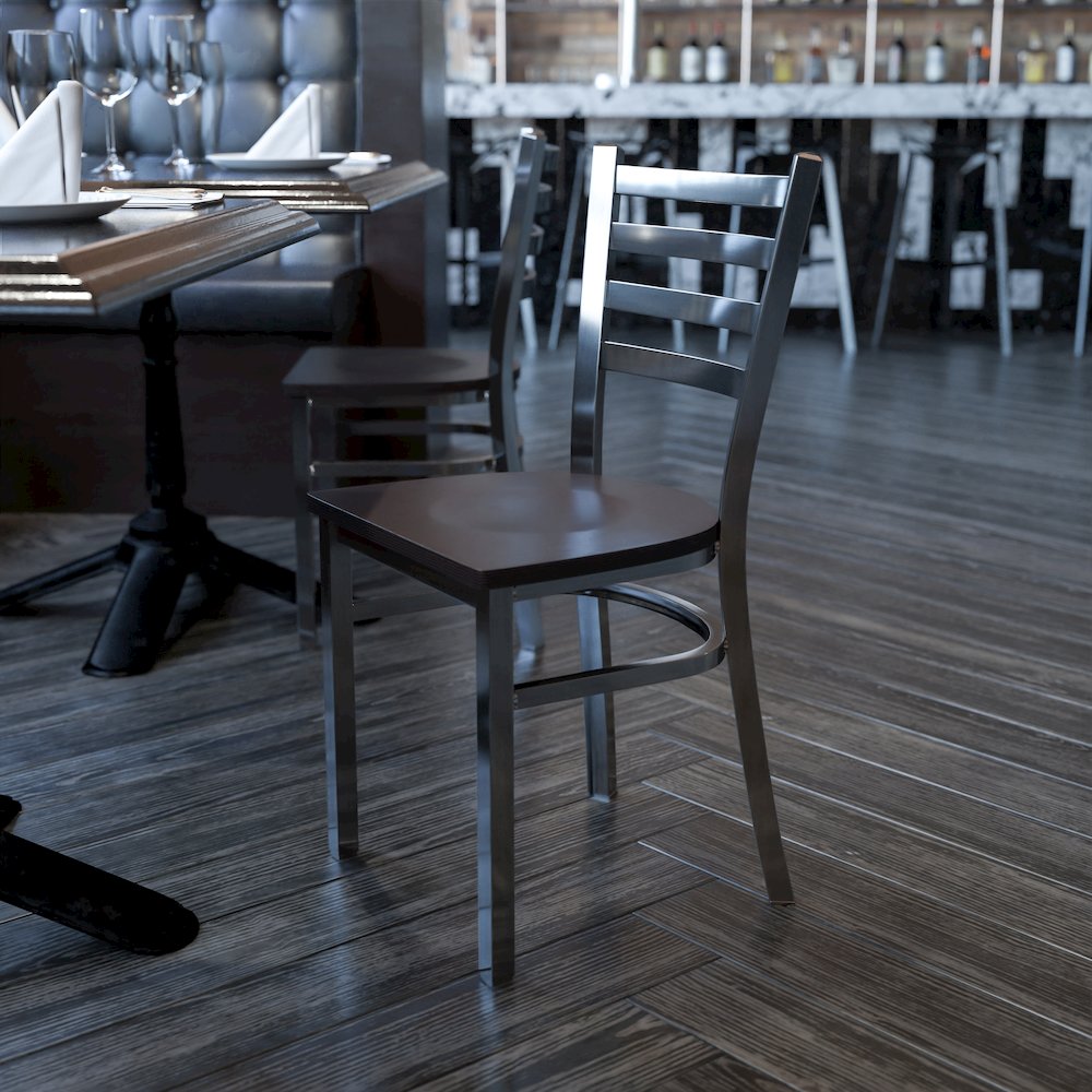 Clear Coated Ladder Back Metal Restaurant Chair - Walnut Wood Seat. Picture 8