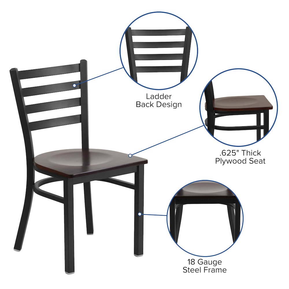 Black Ladder Back Metal Restaurant Chair - Mahogany Wood Seat. Picture 5
