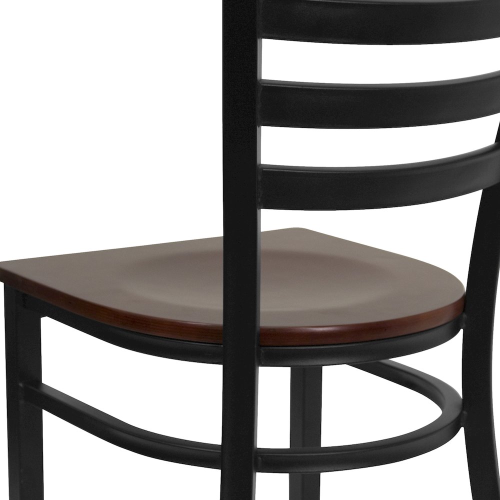 Black Ladder Back Metal Restaurant Chair - Mahogany Wood Seat. Picture 8