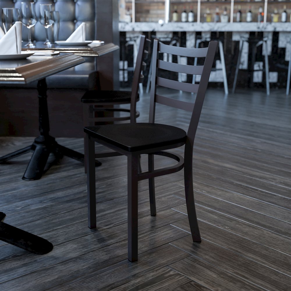 Black Ladder Back Metal Restaurant Chair - Mahogany Wood Seat. Picture 2