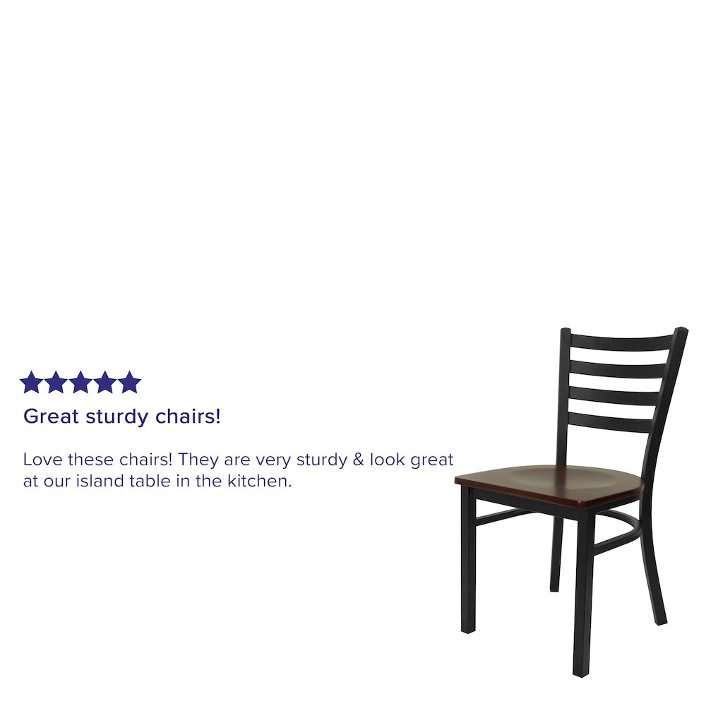 Black Ladder Back Metal Restaurant Chair - Mahogany Wood Seat. Picture 4