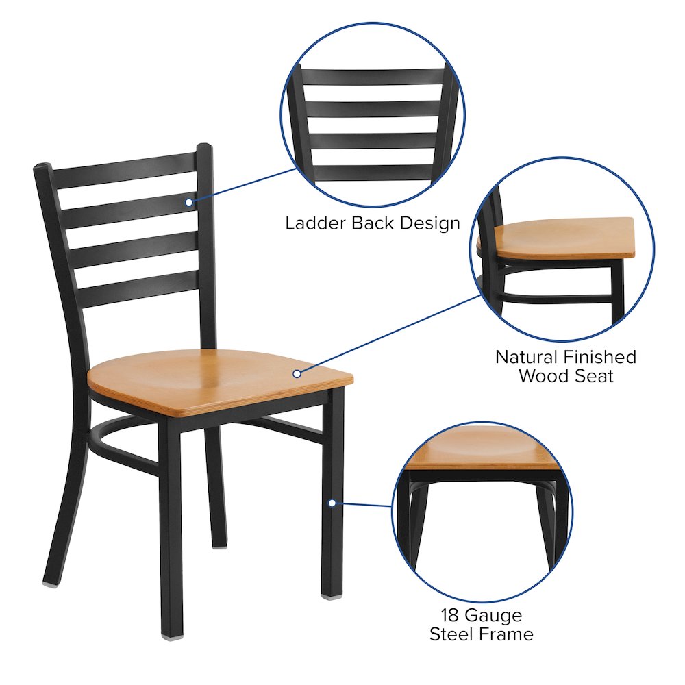 Black Ladder Back Metal Restaurant Chair - Natural Wood Seat. Picture 4