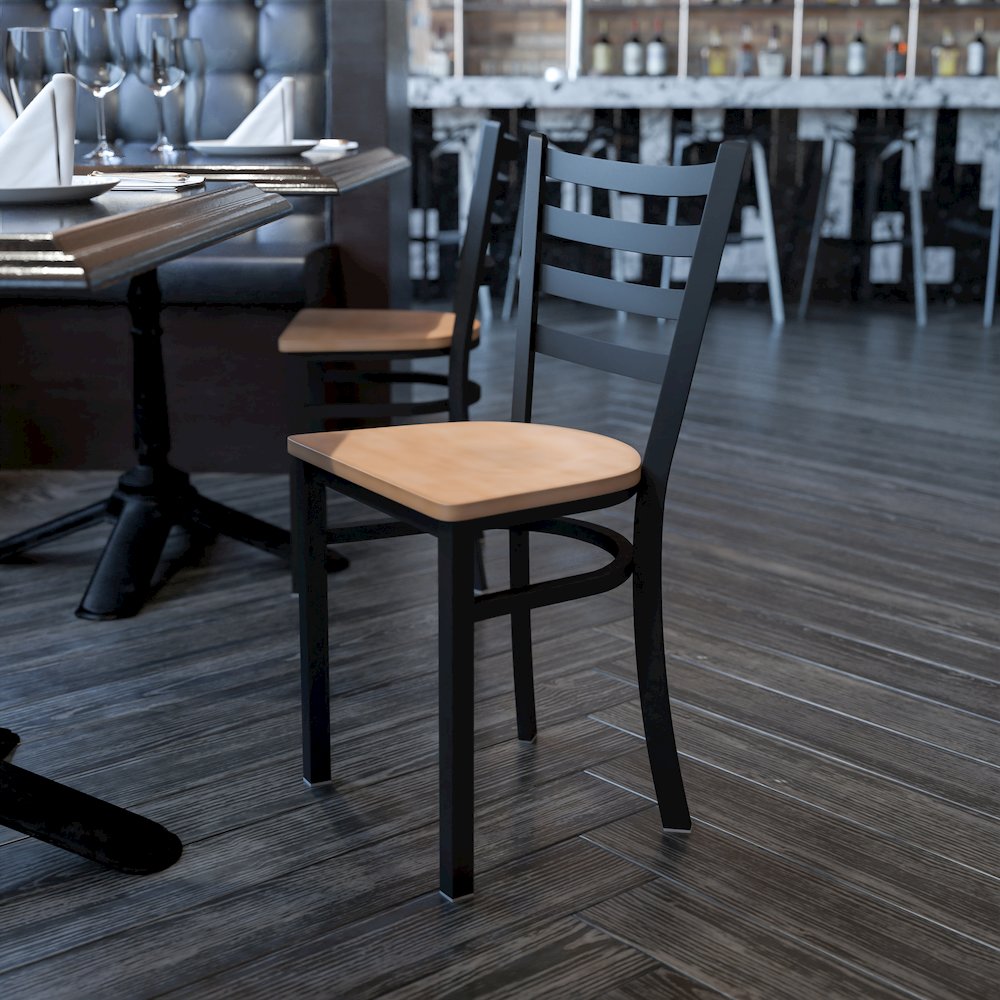 Black Ladder Back Metal Restaurant Chair - Natural Wood Seat. Picture 2