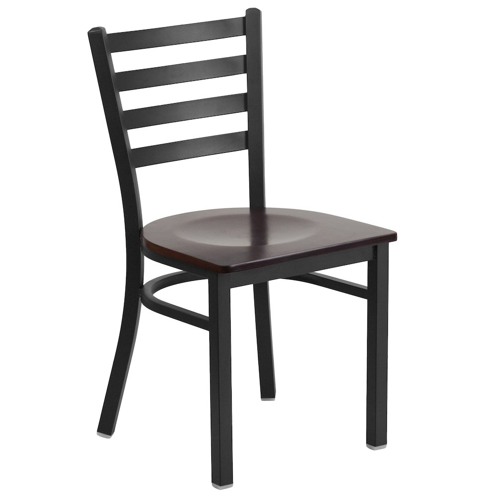 Black Ladder Back Metal Restaurant Chair - Walnut Wood Seat. Picture 1