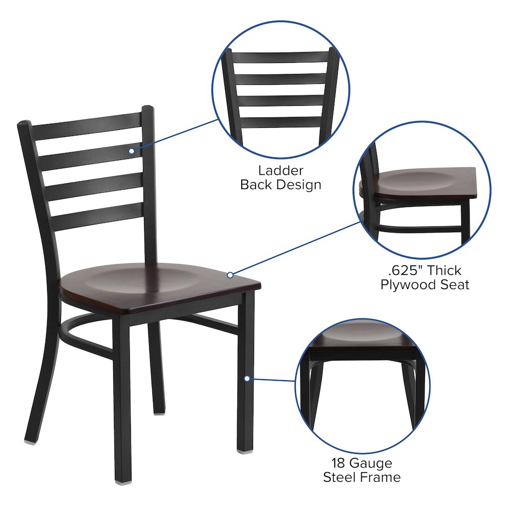 Black Ladder Back Metal Restaurant Chair - Walnut Wood Seat. Picture 4