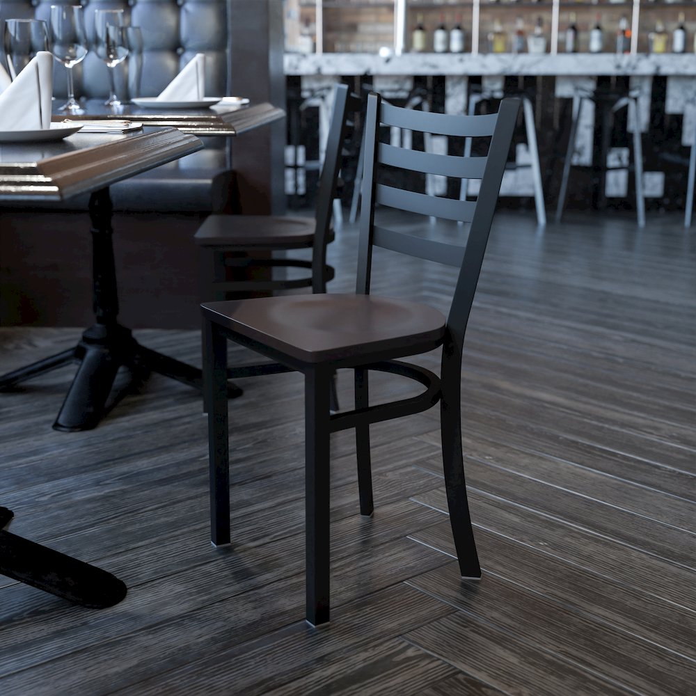 Black Ladder Back Metal Restaurant Chair - Walnut Wood Seat. Picture 2
