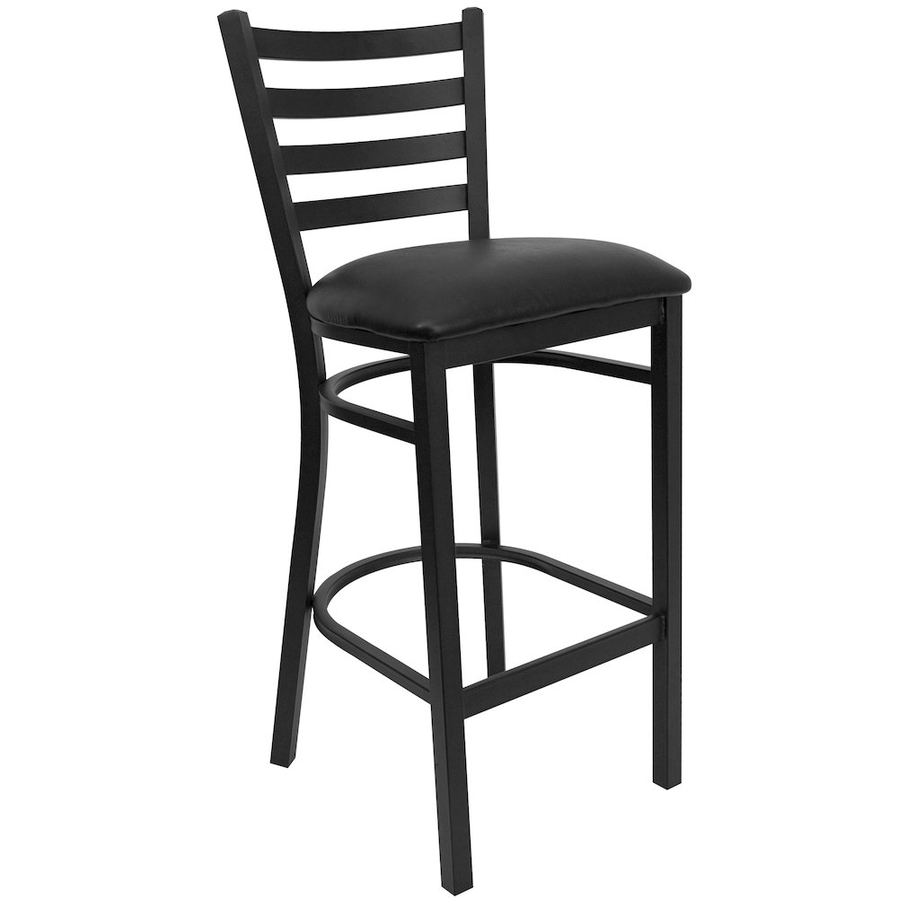 Black Ladder Back Metal Restaurant Barstool - Black Vinyl Seat. Picture 1