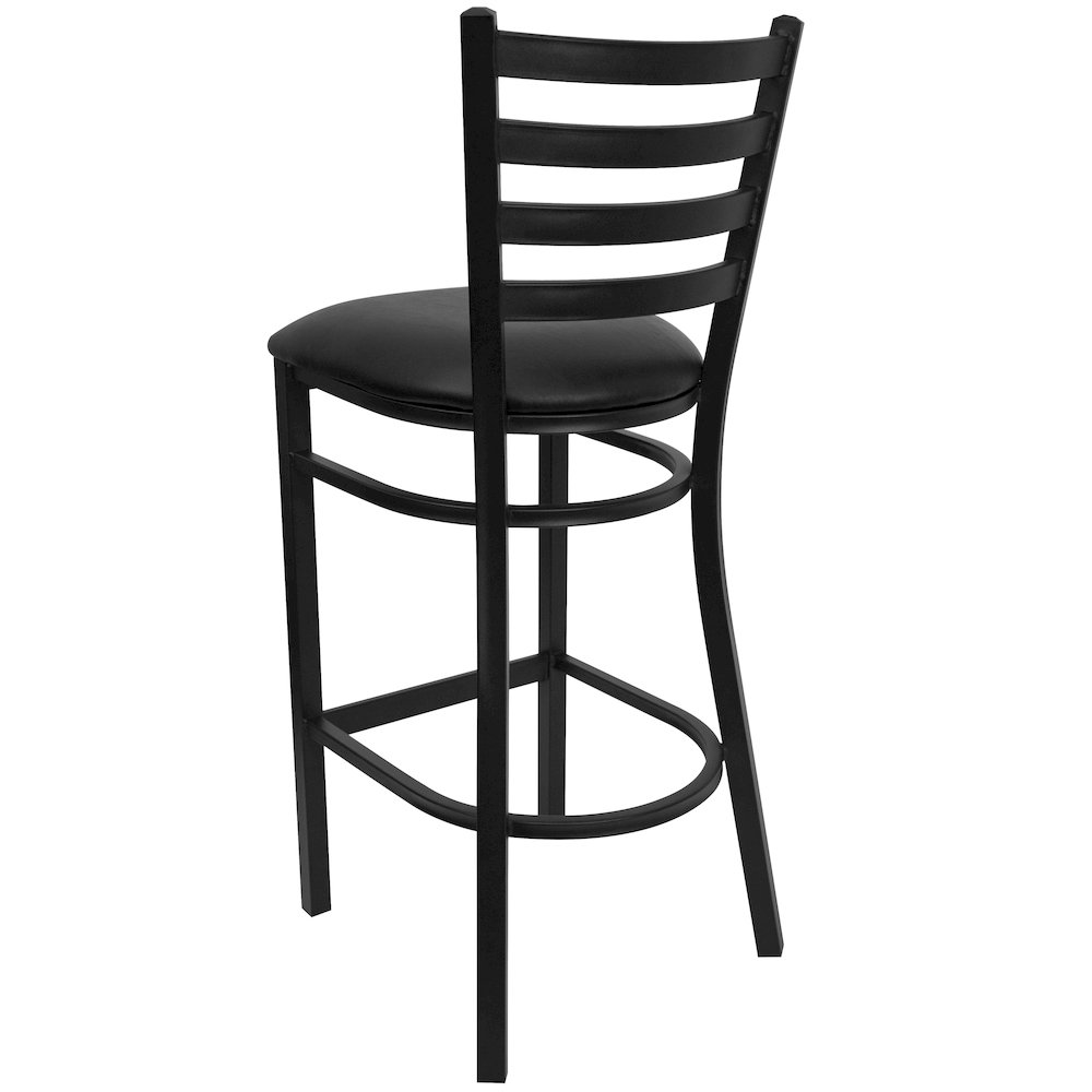 Black Ladder Back Metal Restaurant Barstool - Black Vinyl Seat. Picture 7