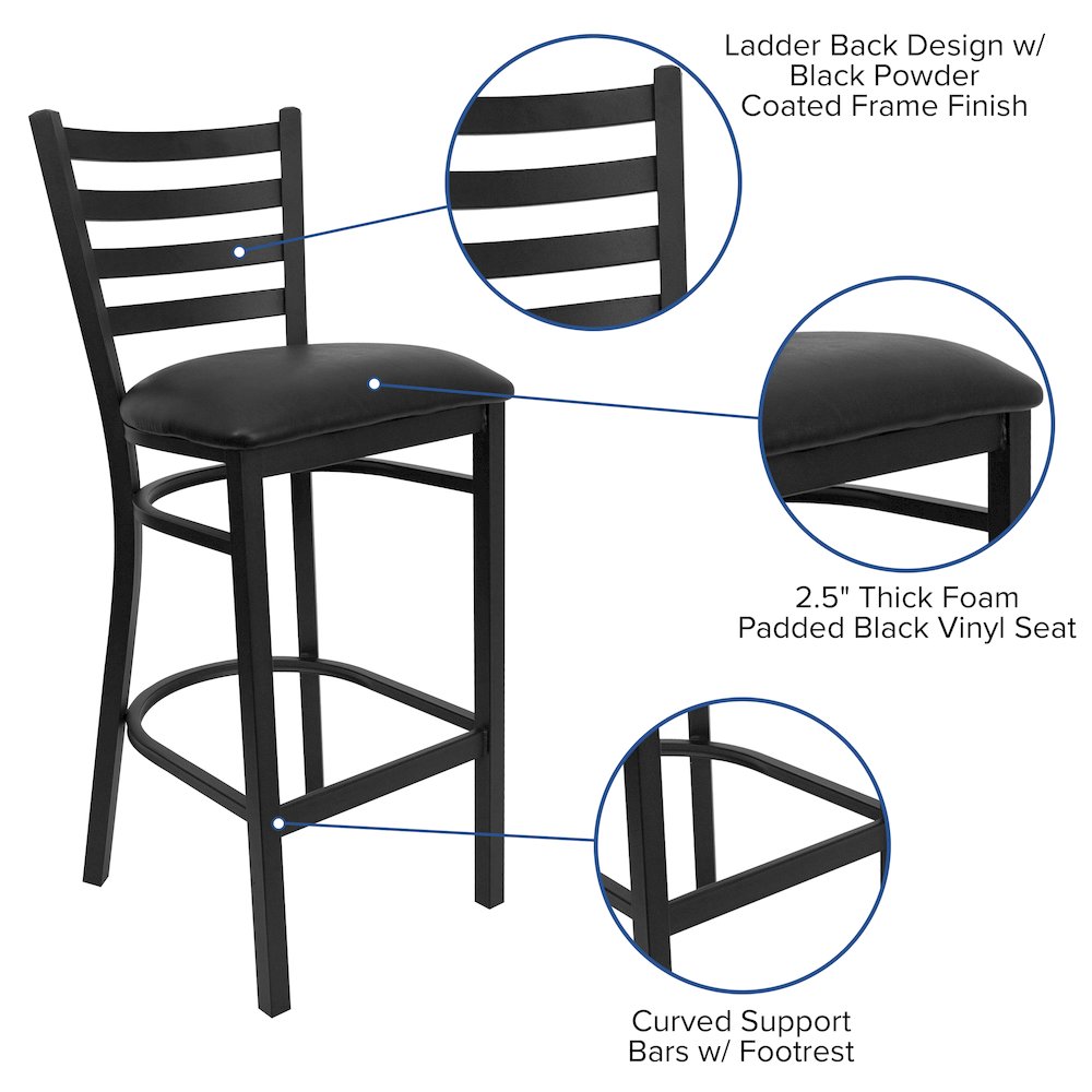 Black Ladder Back Metal Restaurant Barstool - Black Vinyl Seat. Picture 4