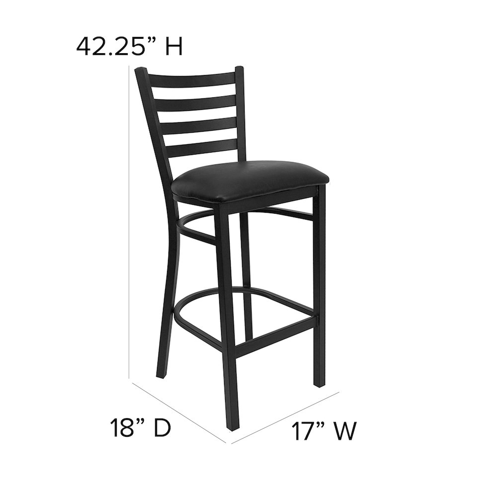 Black Ladder Back Metal Restaurant Barstool - Black Vinyl Seat. Picture 5