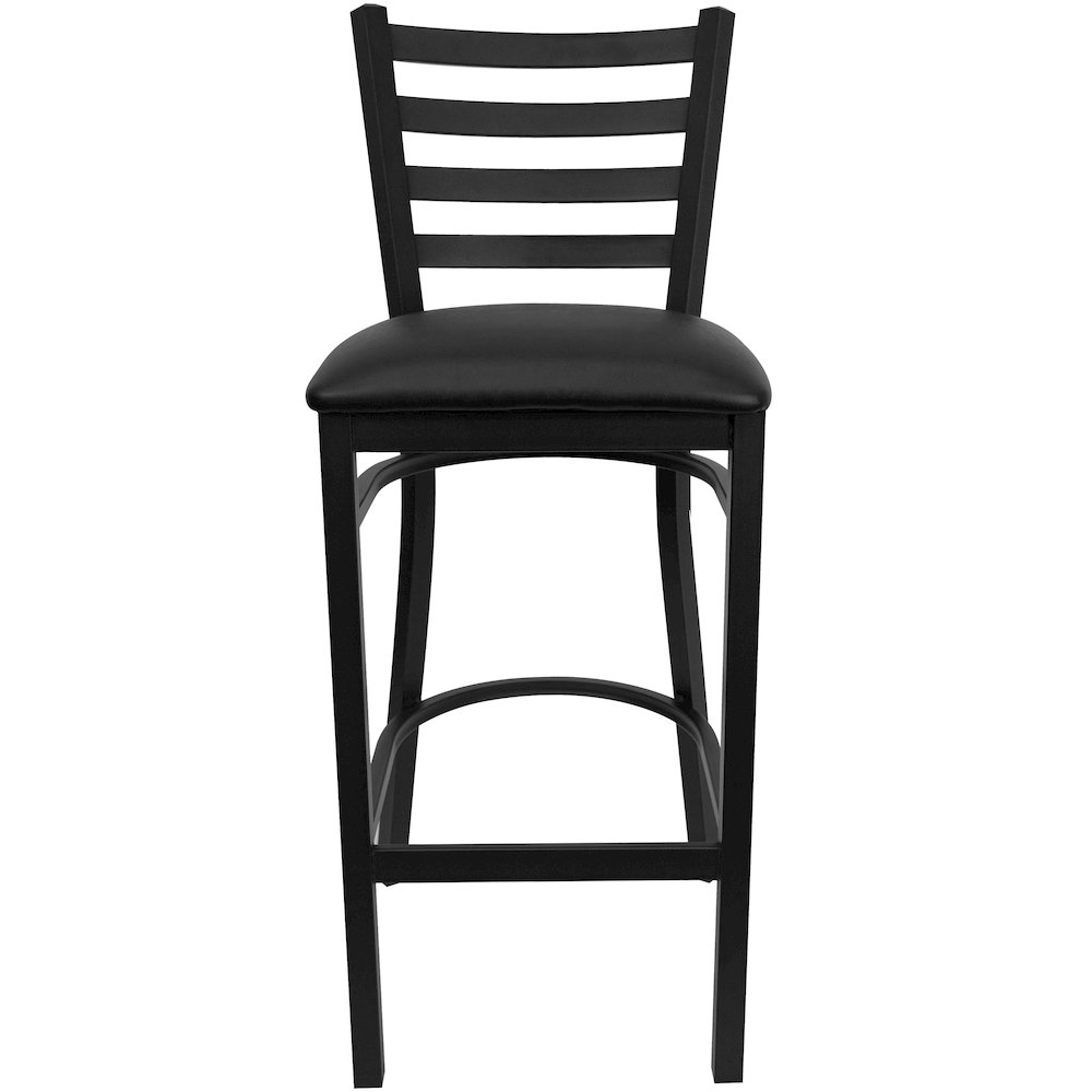 Black Ladder Back Metal Restaurant Barstool - Black Vinyl Seat. Picture 10