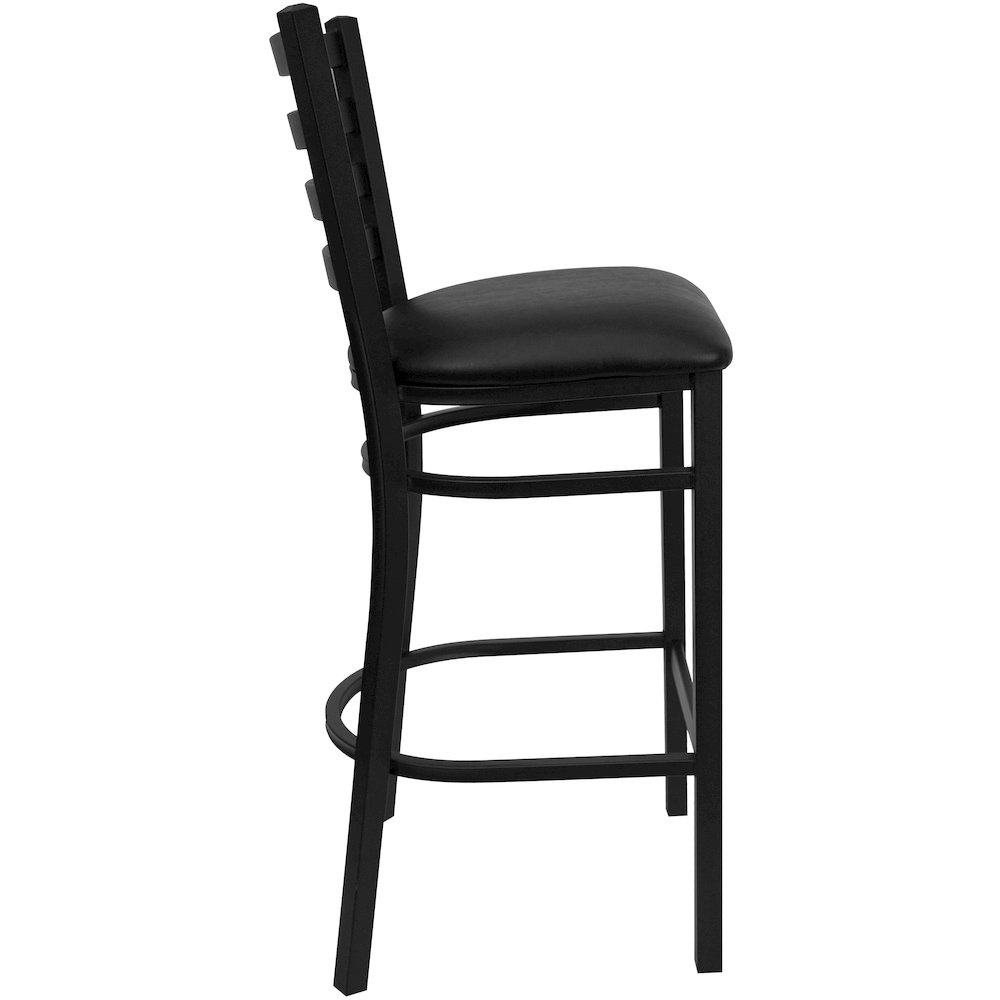 Black Ladder Back Metal Restaurant Barstool - Black Vinyl Seat. Picture 9