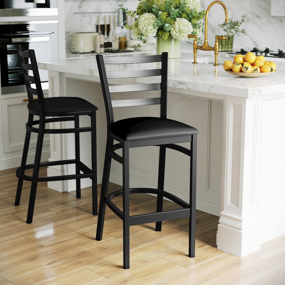 Black Ladder Back Metal Restaurant Barstool - Black Vinyl Seat. Picture 6