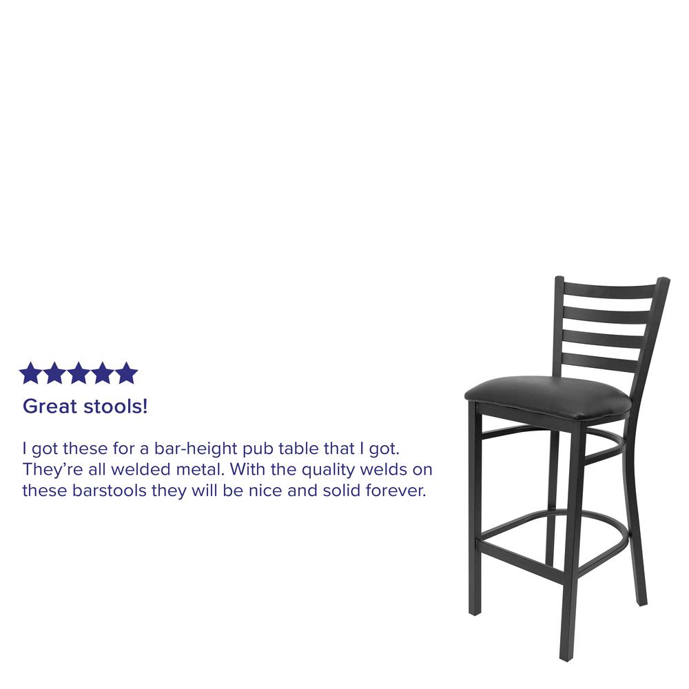 Black Ladder Back Metal Restaurant Barstool - Black Vinyl Seat. Picture 10